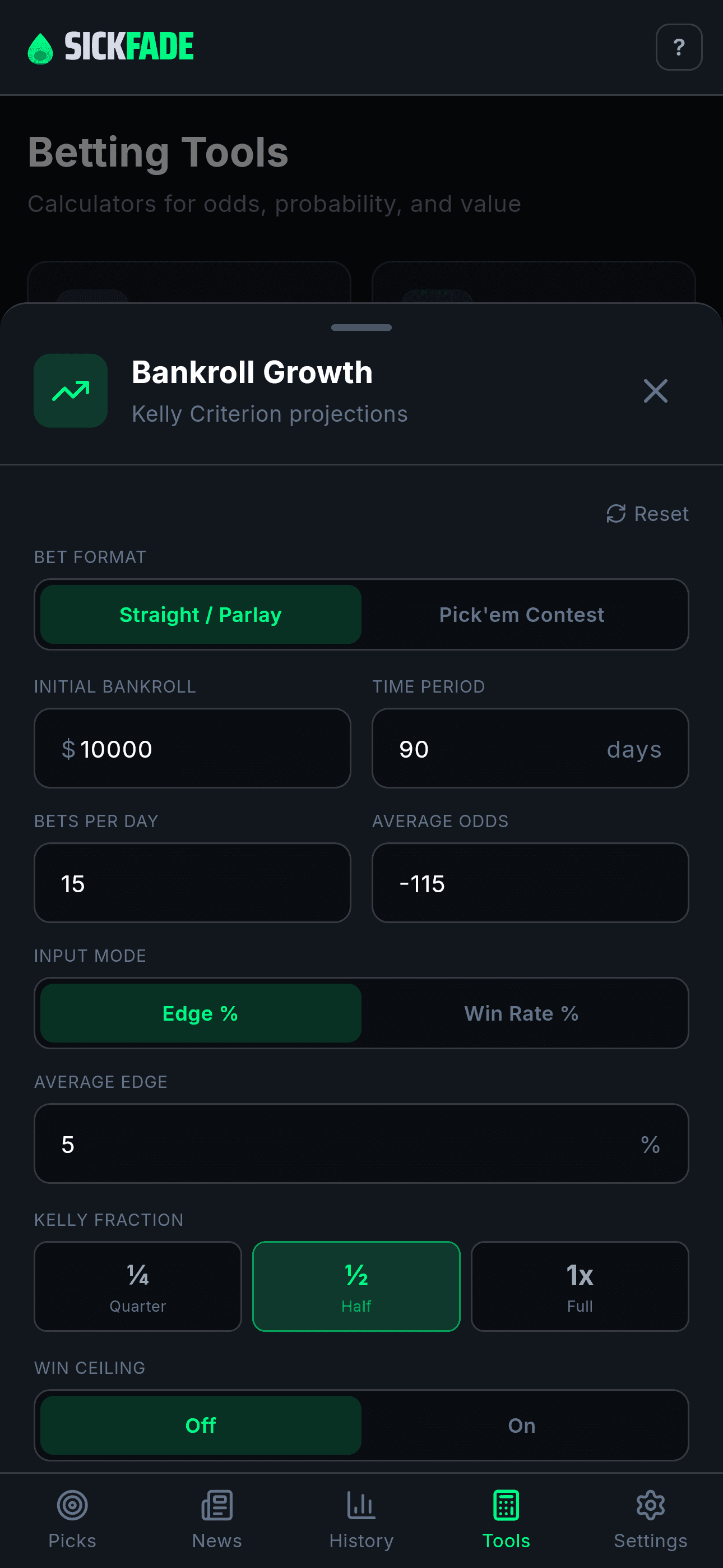 Bankroll and Kelly bet-sizing screen