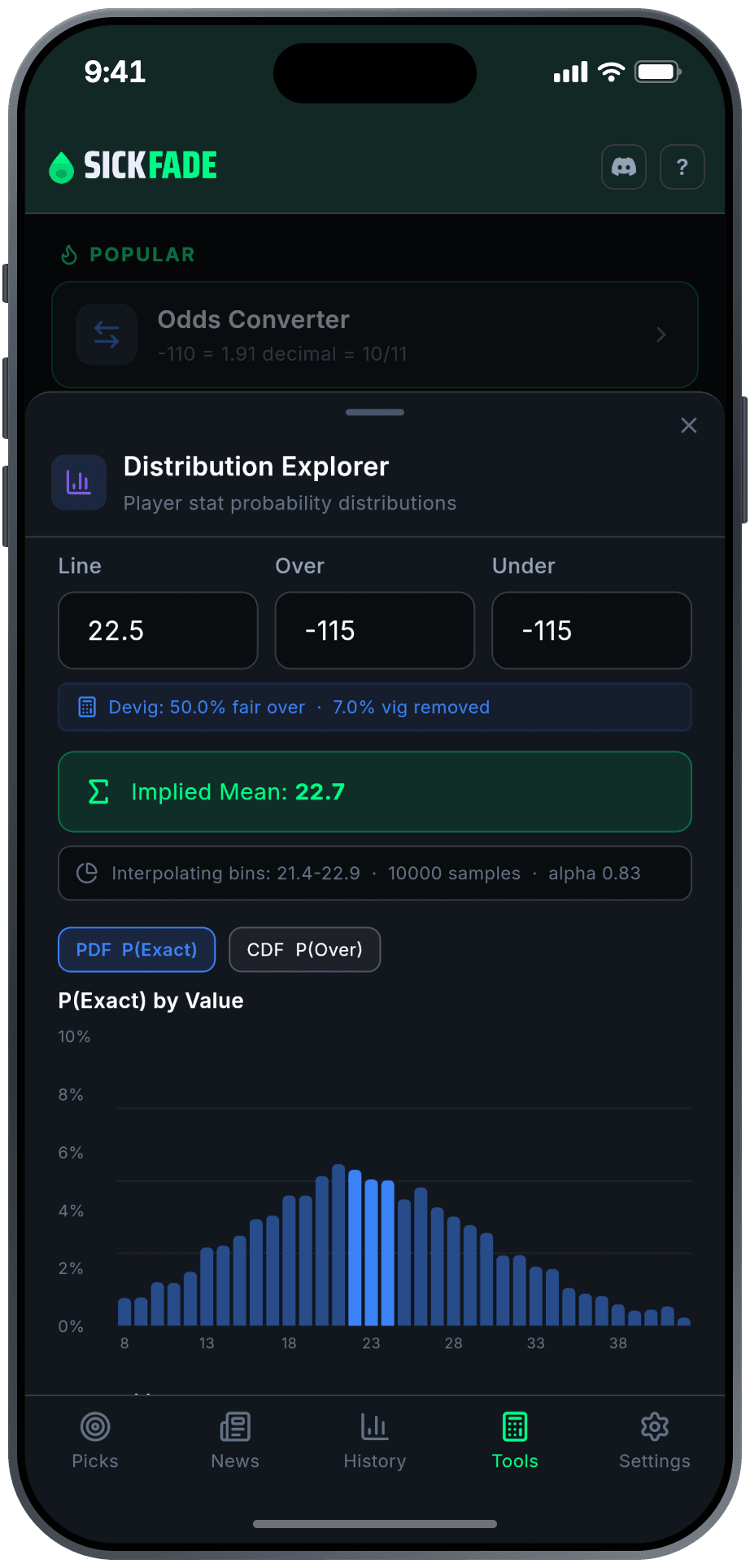 SickFade devig calculator and distributions