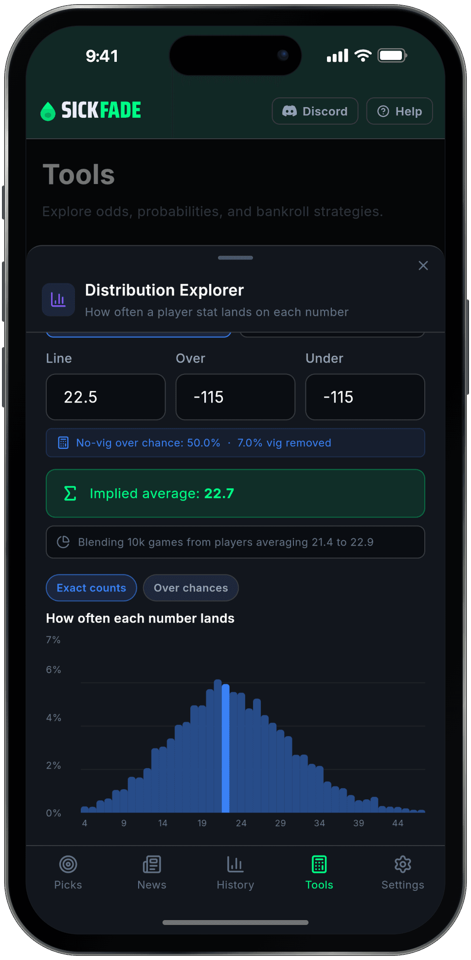 SickFade devig calculator and distributions