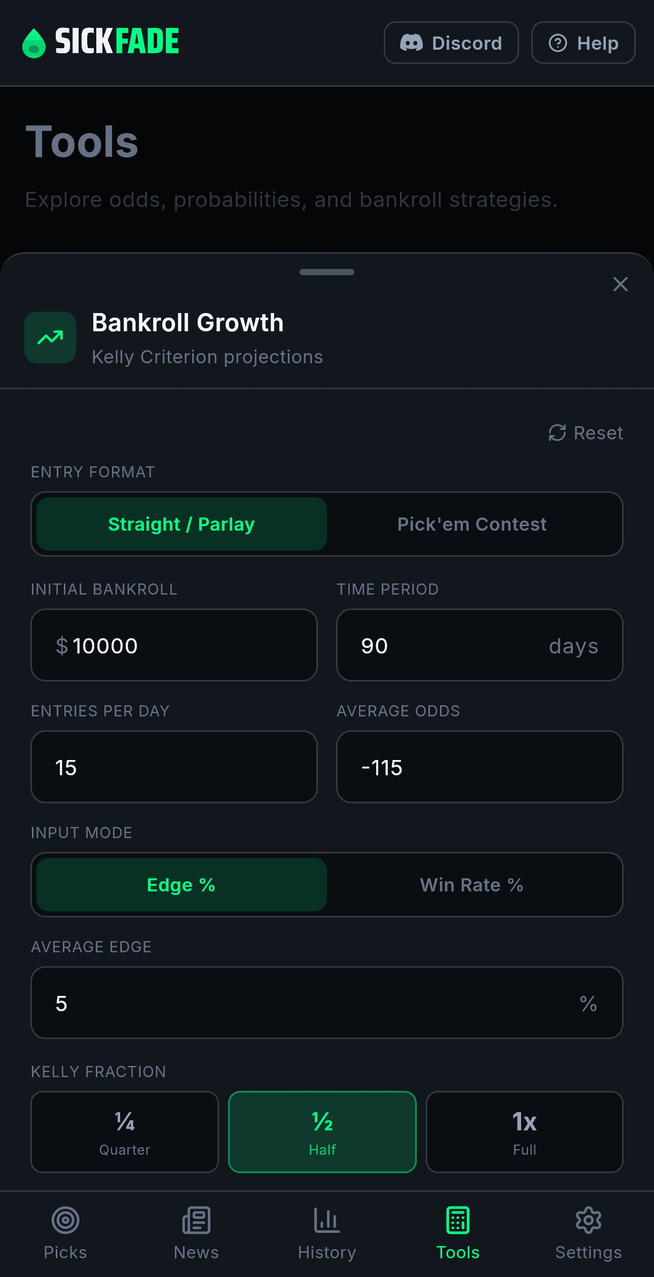 Bankroll and Kelly bet-sizing screen