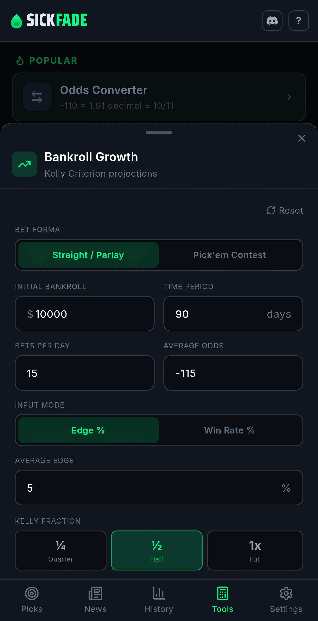 Bankroll and Kelly bet-sizing screen
